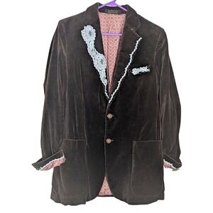 Vintage 70s 80s Members only Brown Velvet Blazer Jacket Cream Lace Metal Buttons